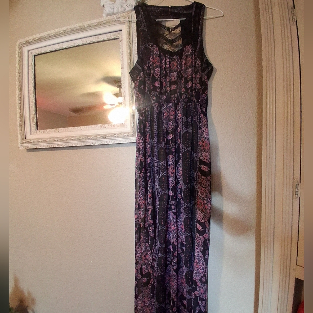 Free People Navy and Pink Paisley Lace-Back Maxi Dress